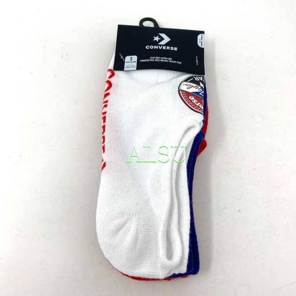 Converse 3-pack Socks Flat Knit Ultra Low White Red Blue 10020693-A01 Women’s - Picture 2 of 7